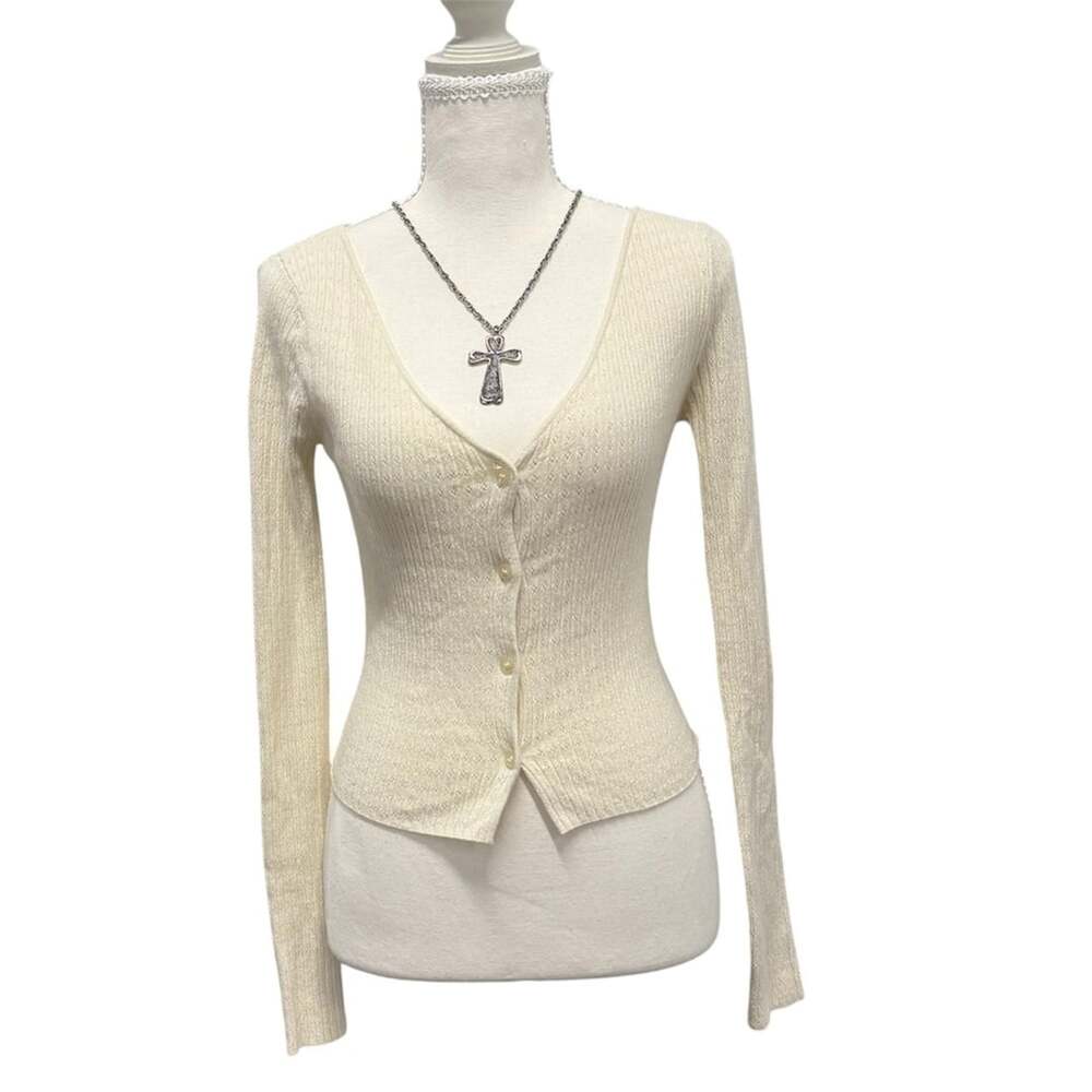 H&M Textured Ribbed Button Cardigan Size XS Cream